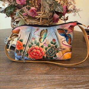 Anuschka Hand-Painted Floral & Butterfly Crossbody - Multicolor with Tan Strap